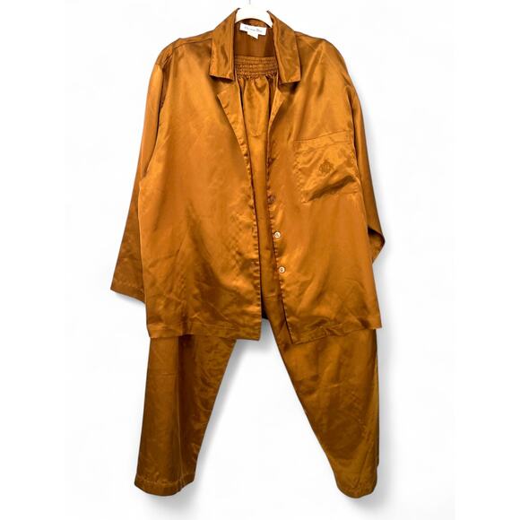 VINTAGE CHRISTIAN DIOR Bronze Satin Pajama Lounge Set Top Bottom Pant Womens L - Picture 1 of 5